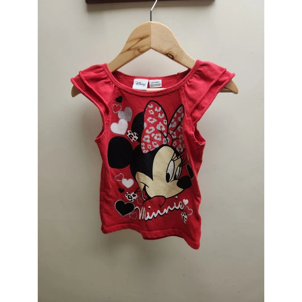Disney Minnie Mouse Girls Red Flutter Sleeve Graphic T-Shirt Size 4T Leopard Bow